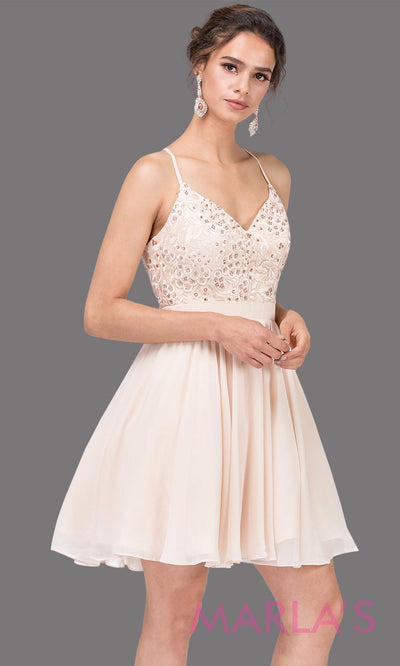 3088.4-Short champagne flowy chiffon grade 8 grad dress with straps and lace.This v neck light gold graduation dress is great for quinceanera damas, confirmation,bat mitzvah,junior bridesmaid. Plus size Avail