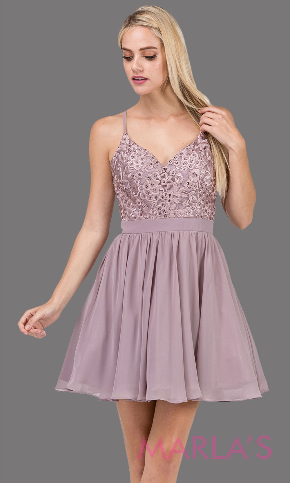 3088.4-Short mocha flowy chiffon grade 8 grad dress with straps and lace.This v neck neutral graduation dress is great for quinceanera damas, confirmation,bat mitzvah,junior bridesmaid. Plus size Avail