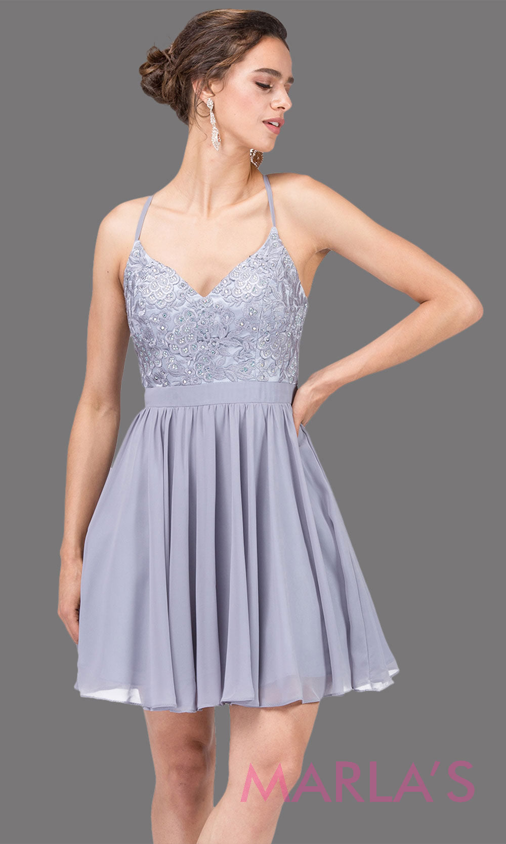 3088.4-Short silver gray flowy chiffon grade 8 grad dress with straps and lace.This v neck light grey graduation dress is great for quinceanera damas, confirmation,bat mitzvah,junior bridesmaid. Plus size Avail