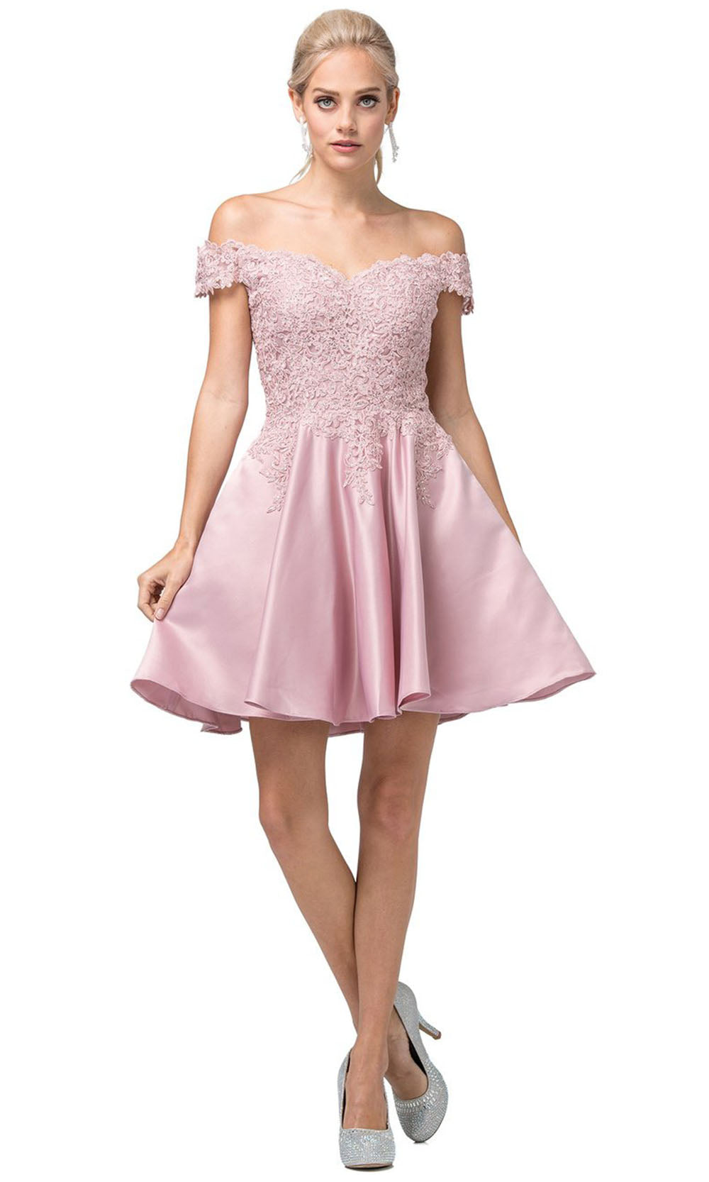 Dancing Queen - 3213 Off-Shoulder Lace Bodice Satin A-Line Dress In Pink