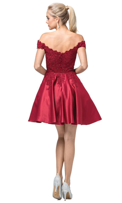 Dancing Queen - 3213 Off-Shoulder Lace Bodice Satin A-Line Dress In Burgundy