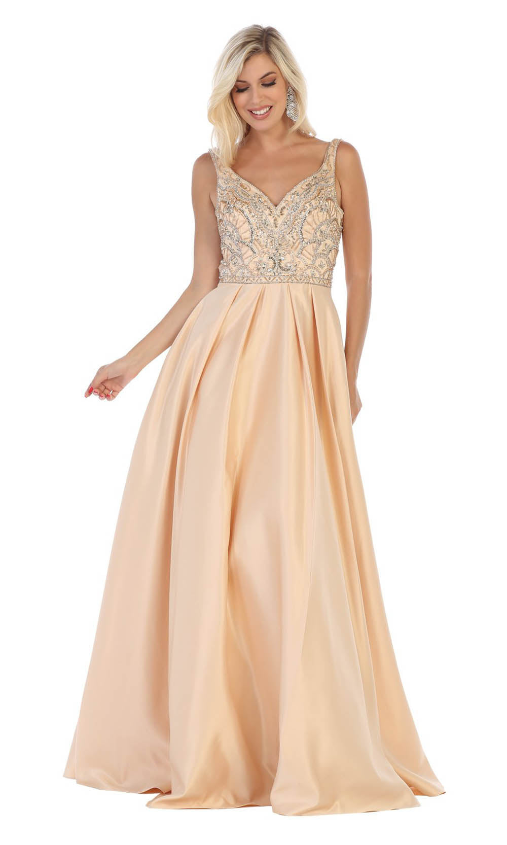 May Queen - MQ1632 Beaded V-Neck A-Line Gown In Champagne