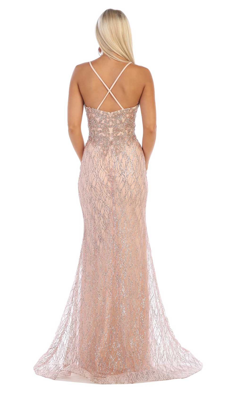May Queen - RQ7683 Embellished Deep V-Neck Gown In Pink and Gold