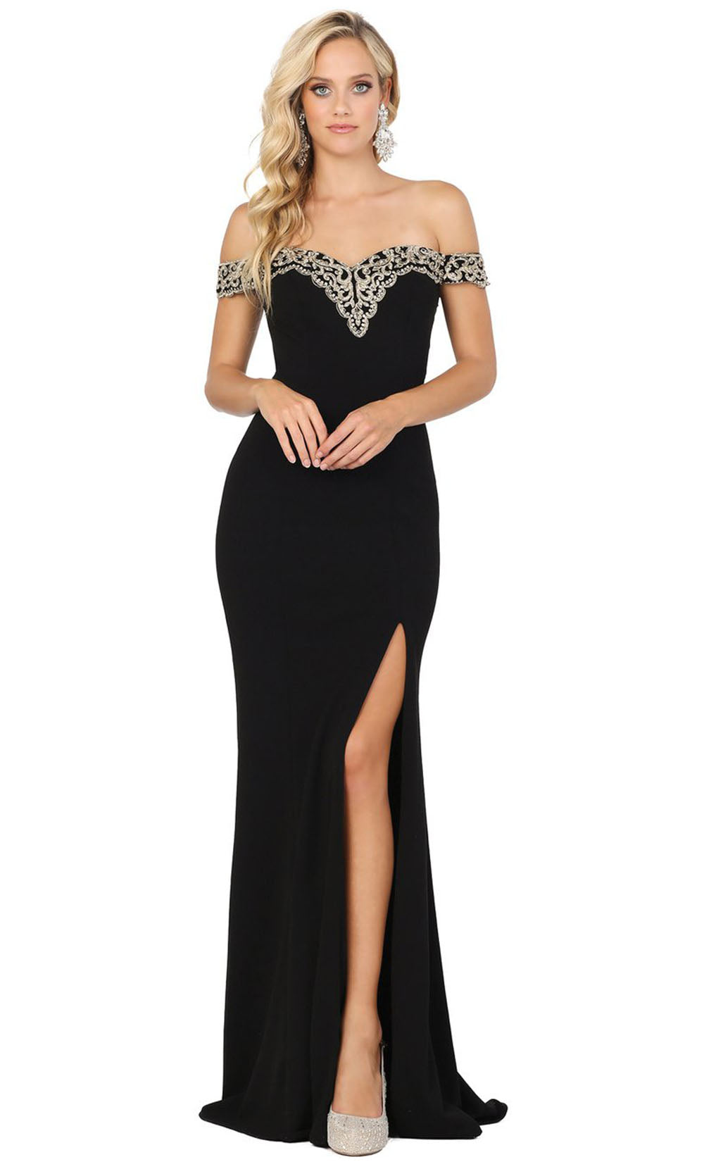 Dancing Queen - 4004 Lace Trim Off Shoulder High Slit Gown In Black
