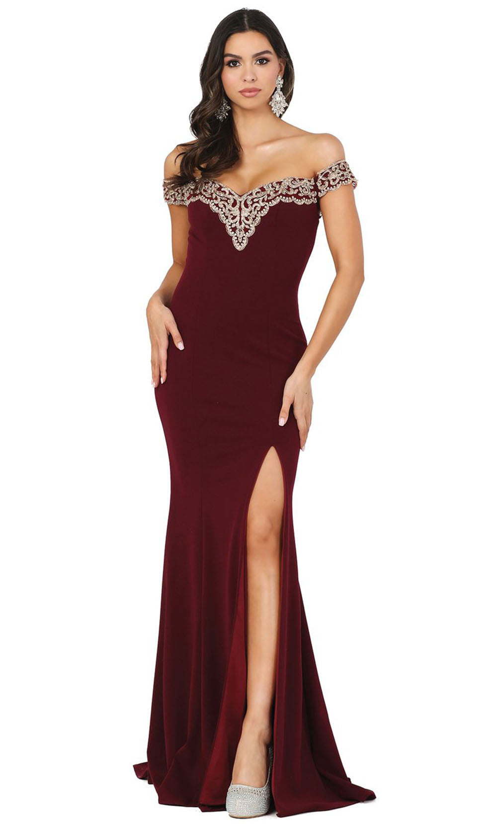 Dancing Queen - 4004 Lace Trim Off Shoulder High Slit Gown In Burgundy