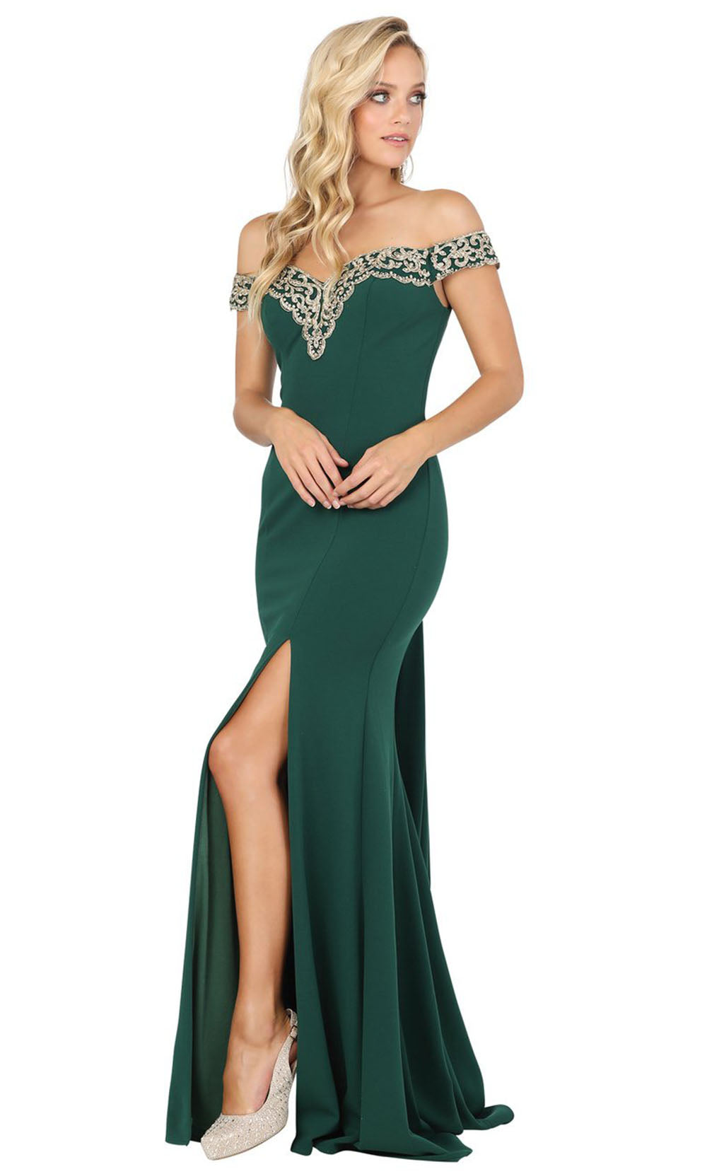 Dancing Queen - 4004 Lace Trim Off Shoulder High Slit Gown In Green