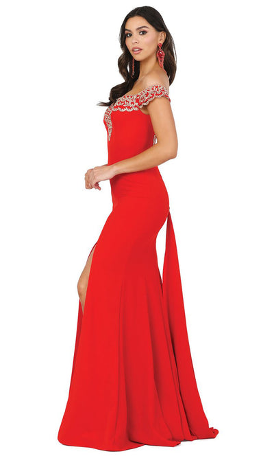 Dancing Queen - 4004 Lace Trim Off Shoulder High Slit Gown In Red