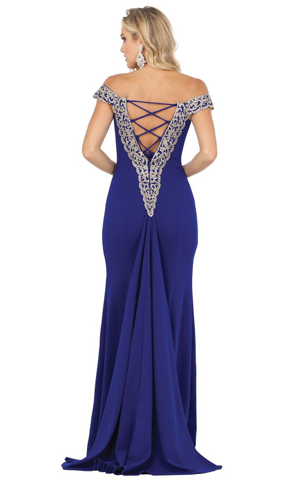 Dancing Queen - 4004 Lace Trim Off Shoulder High Slit Gown In Blue