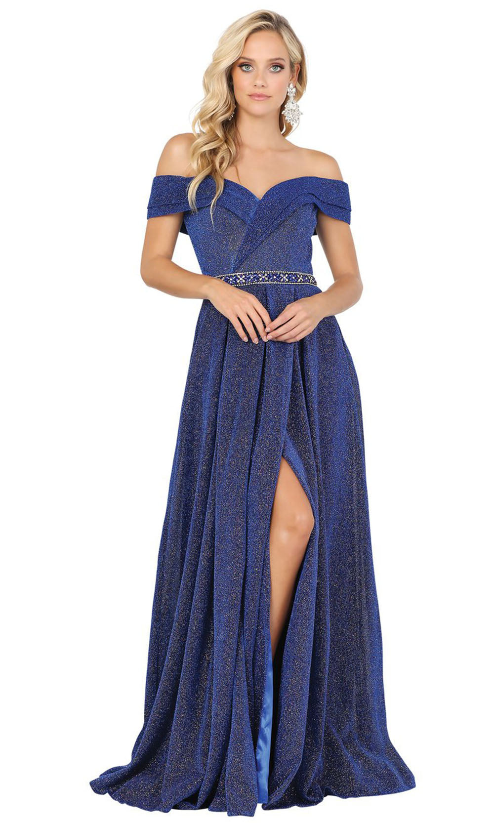 Dancing Queen - 4006 Off Shoulder Glitter High Slit Long Dress In Blue