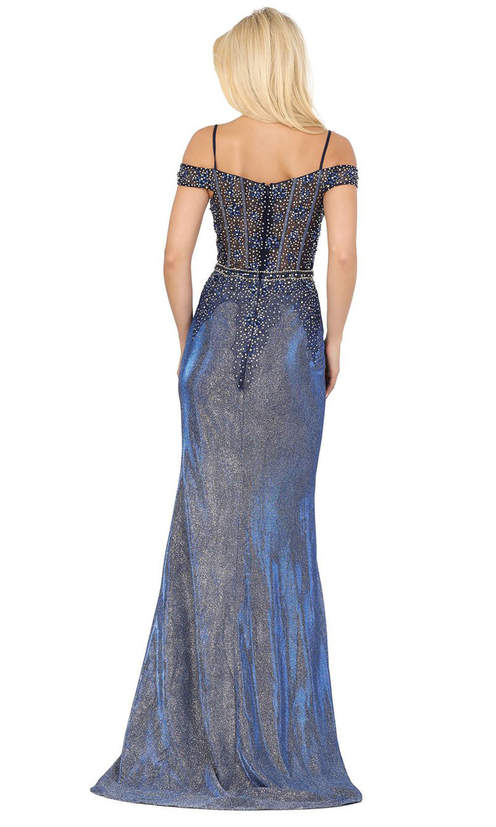 Dancing Queen - 4011 Cold Shoulder Glittery Long Dress In Blue