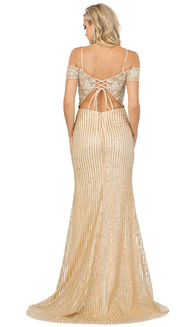Dancing Queen - 4019 Off Shoulder Lace Bodice High Slit Dress In Champagne & Gold