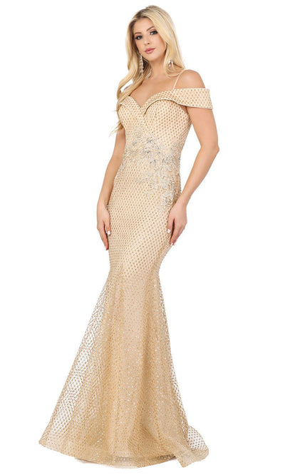 Dancing Queen - 4043 Off Shoulder Glitter Polka Dot Mermaid Dress In Champagne & Gold