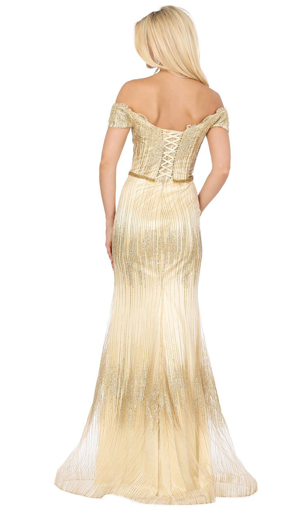 Dancing Queen - 4071 Appliqued Off Shoulder High Slit Dress In Champagne & Gold