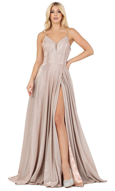 Dancing Queen - 4076 Sleeveless Glittered A-Line Slit Dress In Pink and Gold