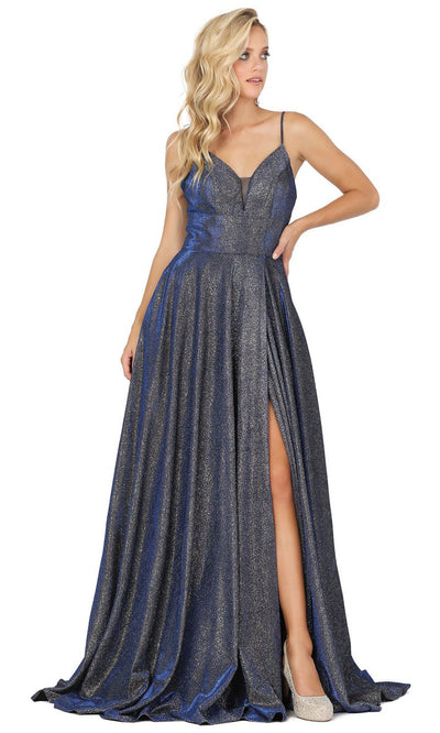 Dancing Queen - 4076 Sleeveless Glittered A-Line Slit Dress In Blue and Black