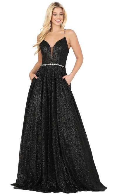 Dancing Queen - 4086 Deep V Neck Glittering A-Line Gown In Black