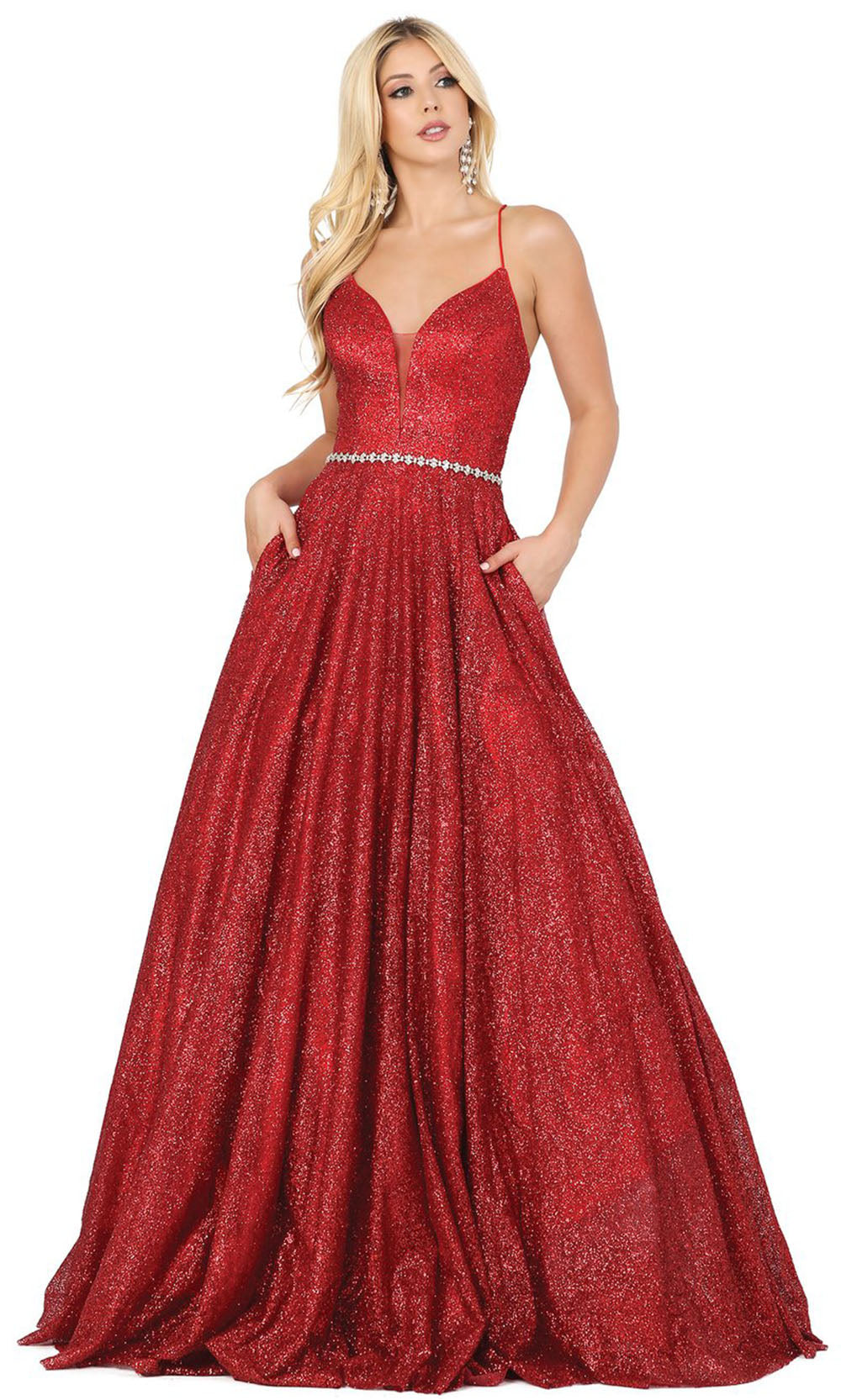 Dancing Queen - 4086 Deep V Neck Glittering A-Line Gown In Red