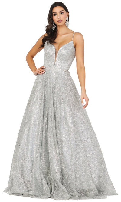 Dancing Queen - 4086 Deep V Neck Glittering A-Line Gown In Silver