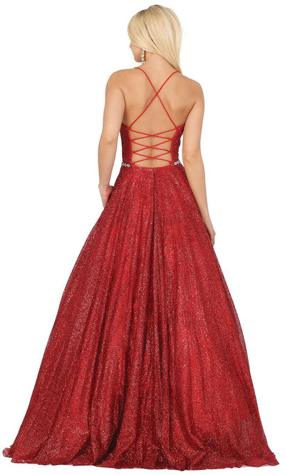 Dancing Queen - 4086 Deep V Neck Glittering A-Line Gown In Red