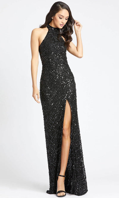Mac Duggal - 4112L High Neck Sequined Fitted Evening Dress In Black