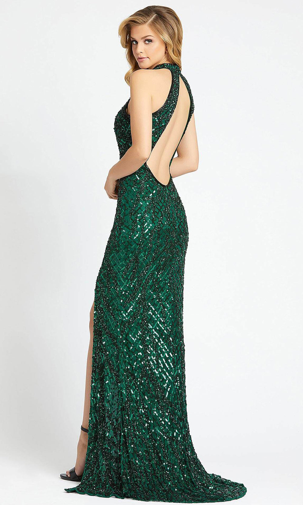 Mac Duggal - 4112L High Neck Sequined Fitted Evening Dress In Green