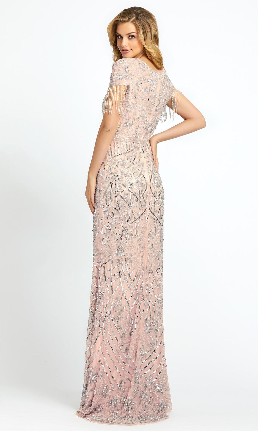 Mac Duggal - 4715D Short Sleeve Bead Fringed Long Gown In Silver & Gray