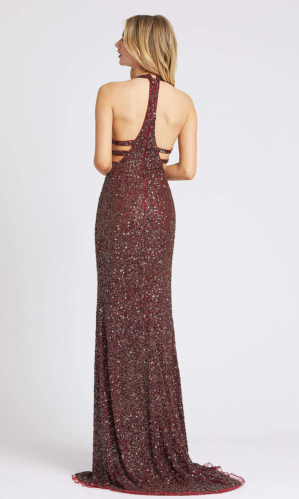 Mac Duggal - 4811L Sequin V Neck Gown With Slit In Red