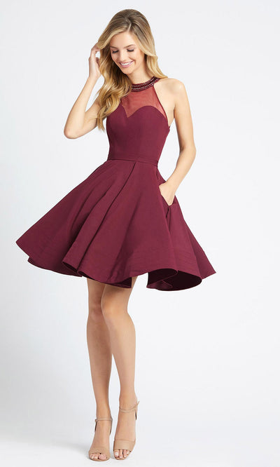 Ieena Duggal - 48551I Jeweled Halter Neck Fit And Flare Dress In Burgundy