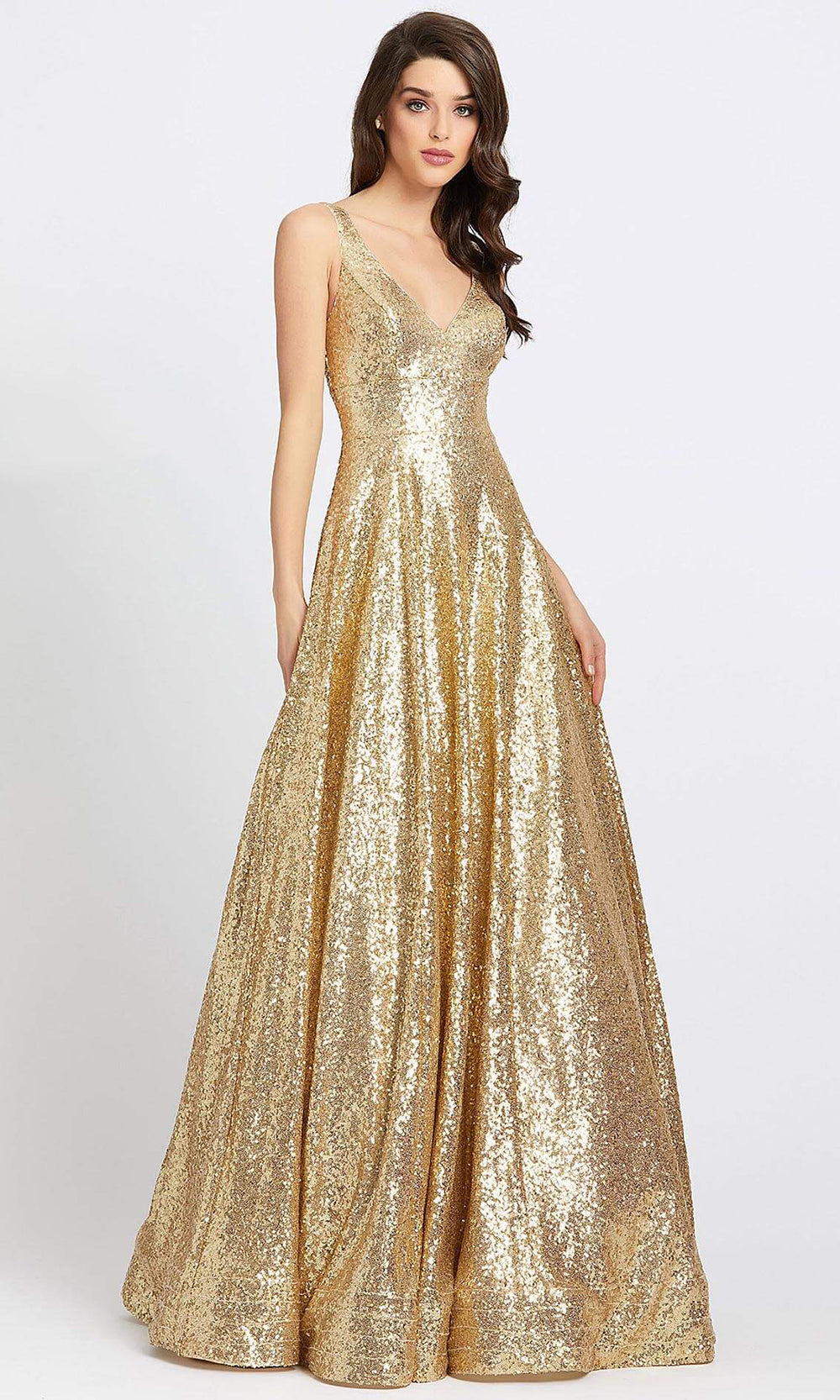 Mac Duggal - 48798A Sleeveless V Neck Sequin A-Line Gown In Gold