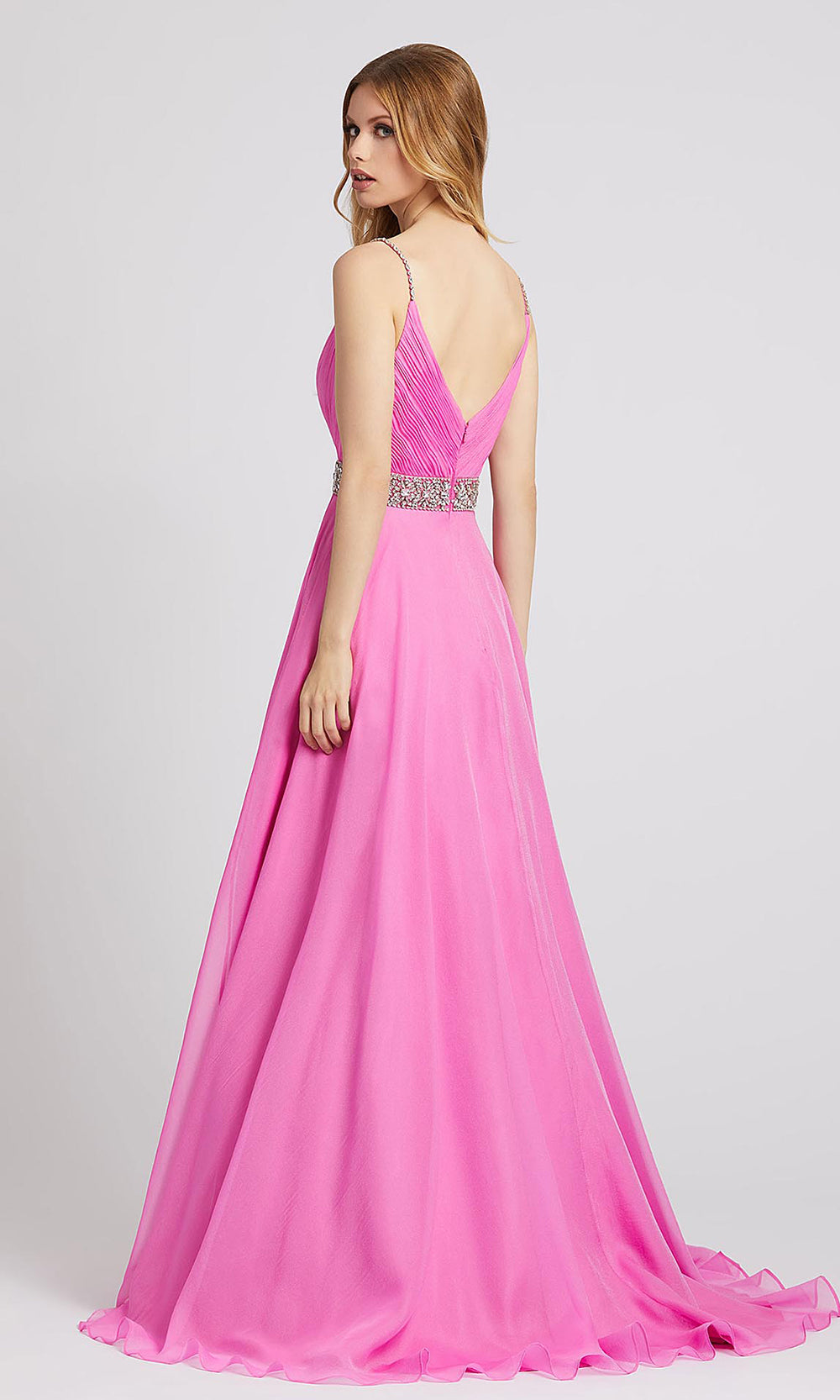 Mac Duggal - 48896L Deep V Neck Embellished A-Line Dress In Pink