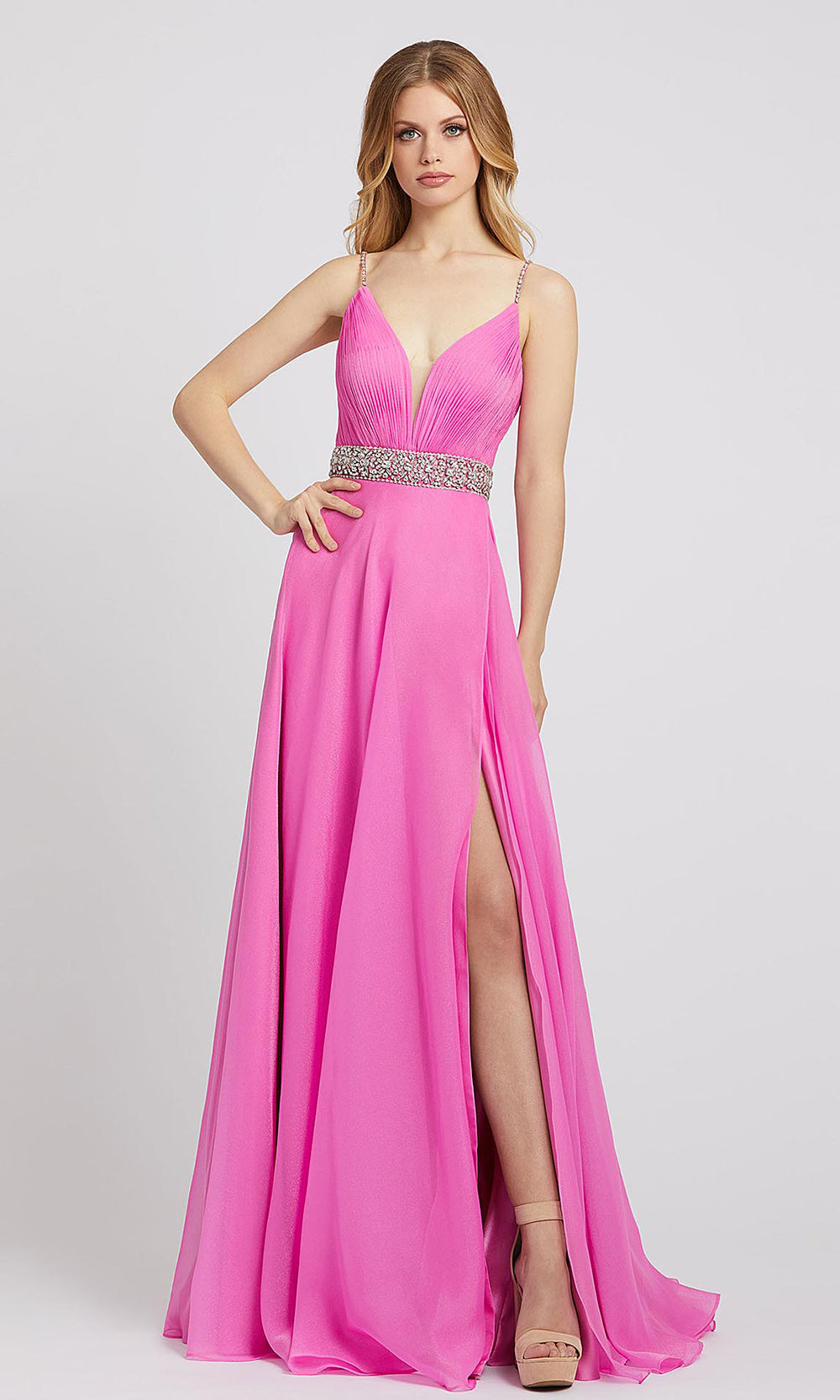 Mac Duggal - 48896L Deep V Neck Embellished A-Line Dress In Pink