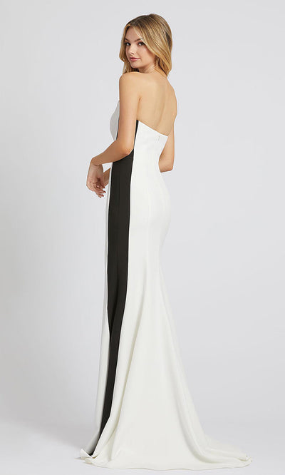 Mac Duggal - 49003L Strapless Contrast Stripe High Slit Dress In White & Ivory
