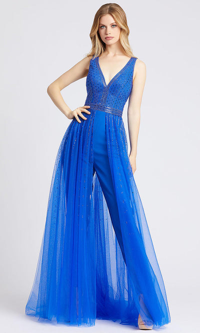 Mac Duggal - 49009A Beaded V Neck Jumpsuit With Overskirt In Blue