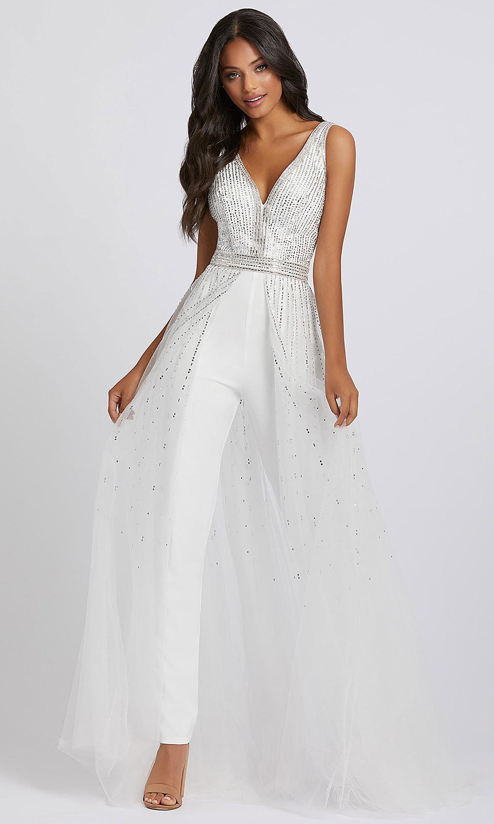 Mac Duggal - 49009A Beaded V Neck Jumpsuit With Overskirt In White & Ivory