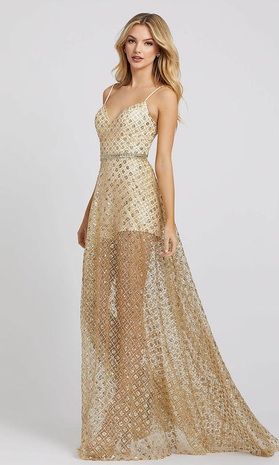 Mac Duggal - 49014I Glitter Sequin Romper Overskirt Gown In Gold