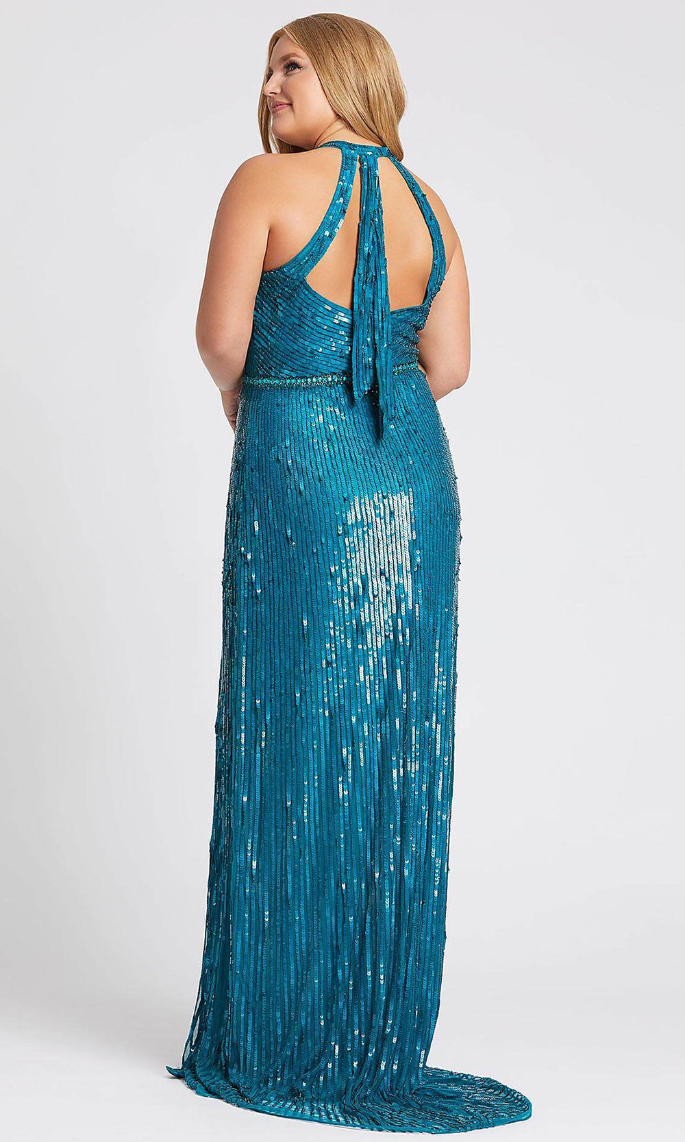 Mac Duggal - 4919F Sequin Halter Gown With Slit In Blue