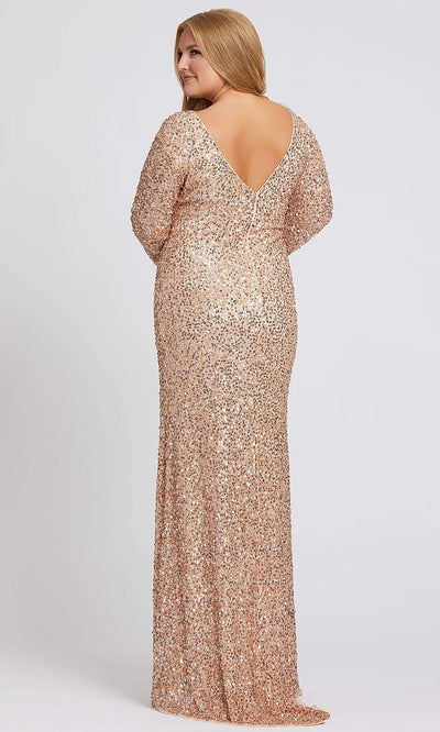 Mac Duggal - 5012F Long Sleeve Sequin-Ornate High Slit Dress In Champagne & Gold