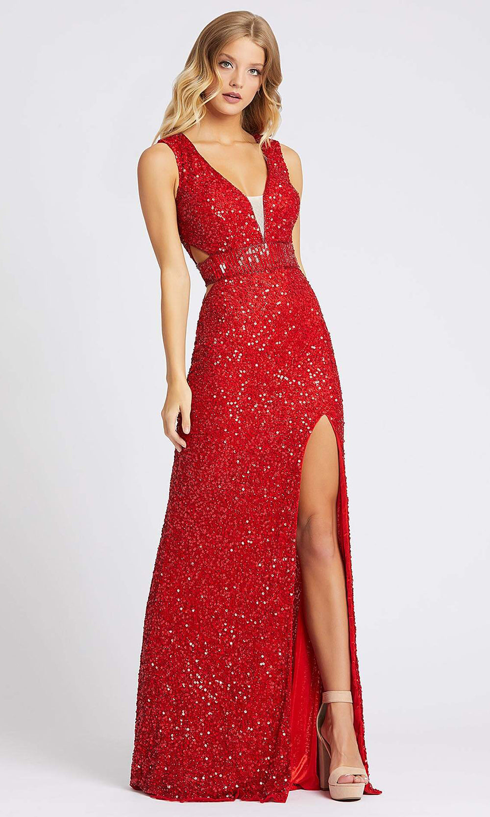 Mac Duggal - 5086A Sleeveless High Slit Sequin Evening Gown In Red