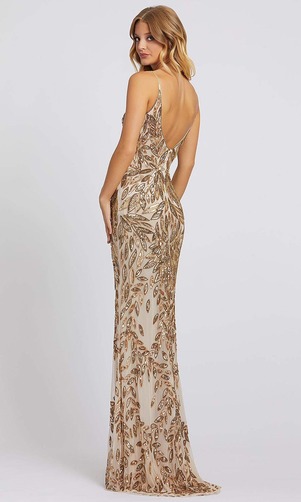 Mac Duggal - 5107A Gilt-Foliage Sequined Long Dress In Champagne & Gold