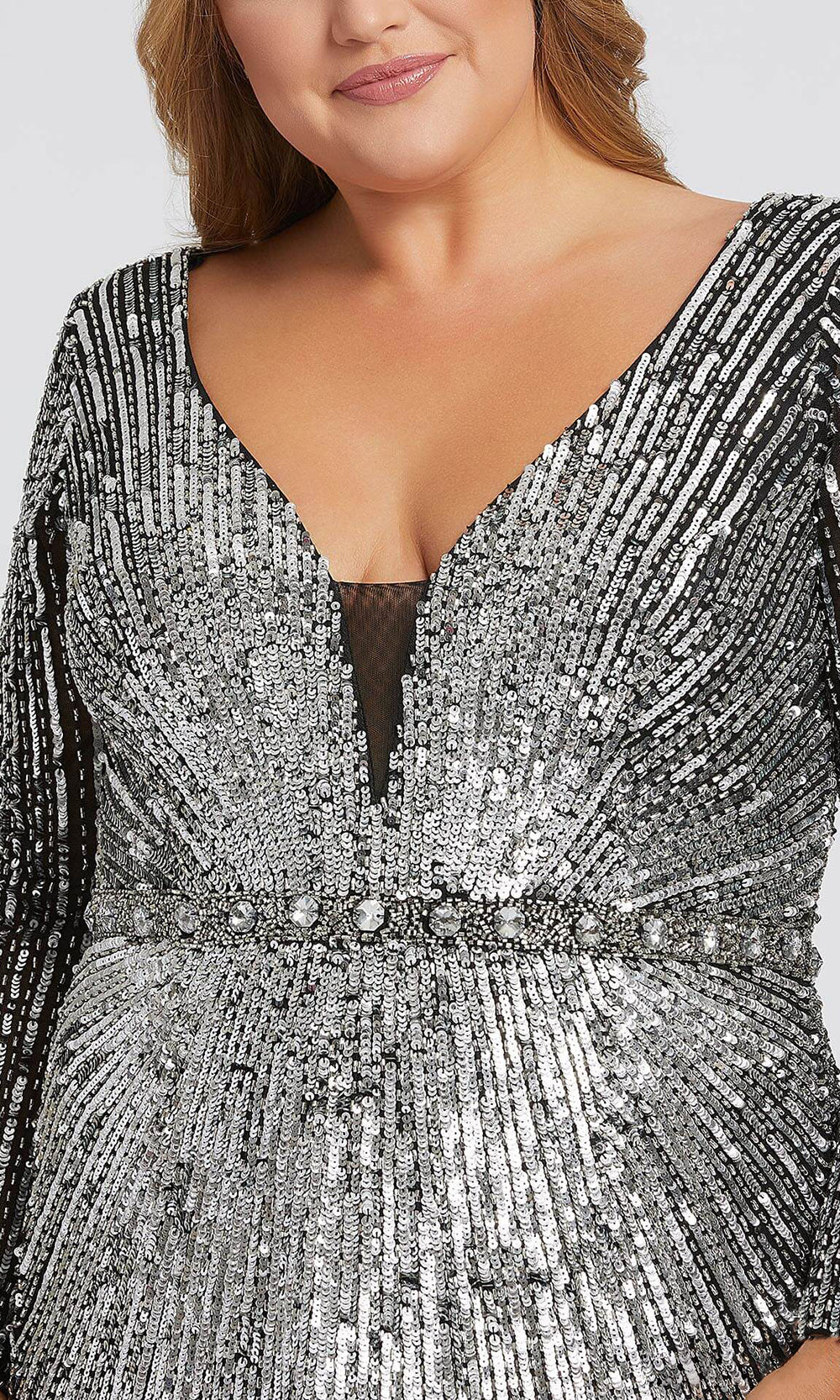 Mac Duggal - 5176F Sequined Deep V Neck Sheath Dress In Black and Silver
