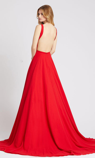 Mac Duggal - 55192L Scoop Neck Backless Dupioni A-Line Gown In Red
