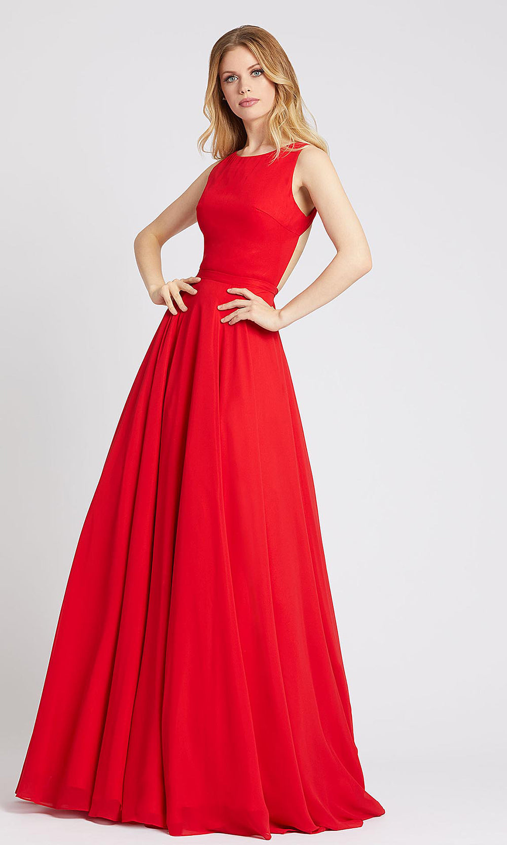 Mac Duggal - 55192L Scoop Neck Backless Dupioni A-Line Gown In Red