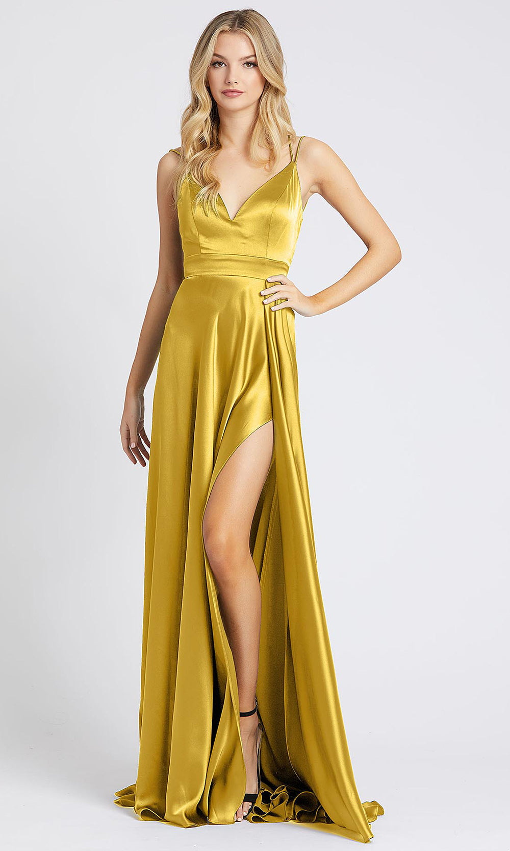 Mac Duggal - 55278I Sleeveless V Neck High Slit Silk Gown In Yellow