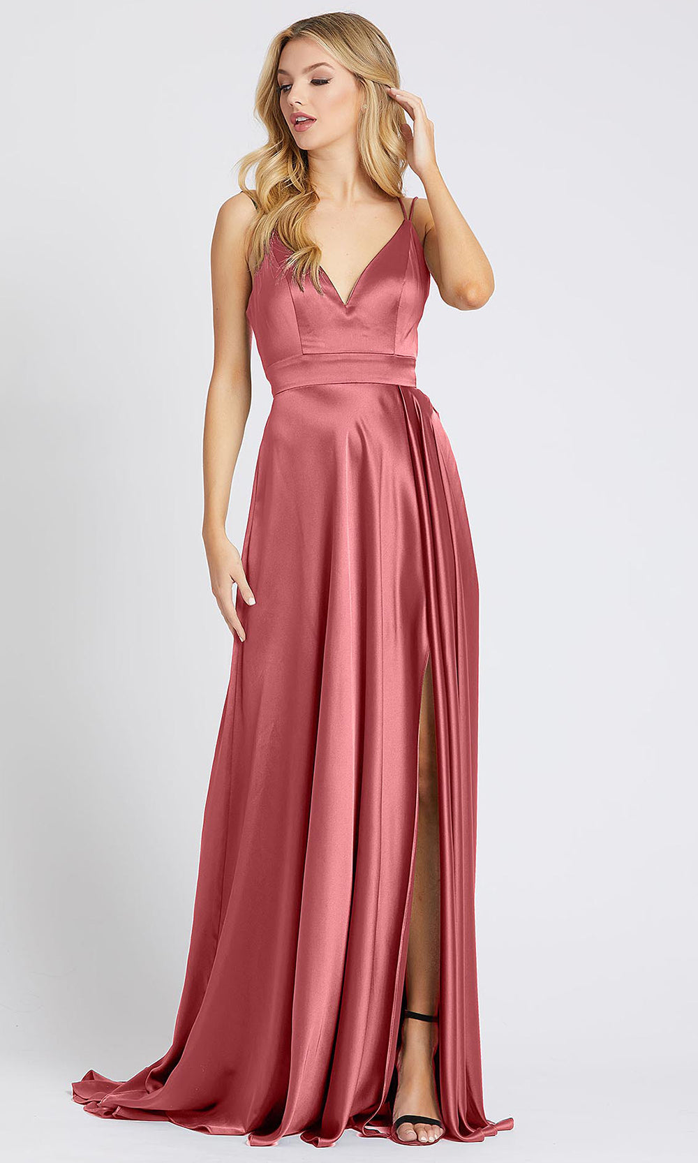 Mac Duggal - 55278I Sleeveless V Neck High Slit Silk Gown In Pink
