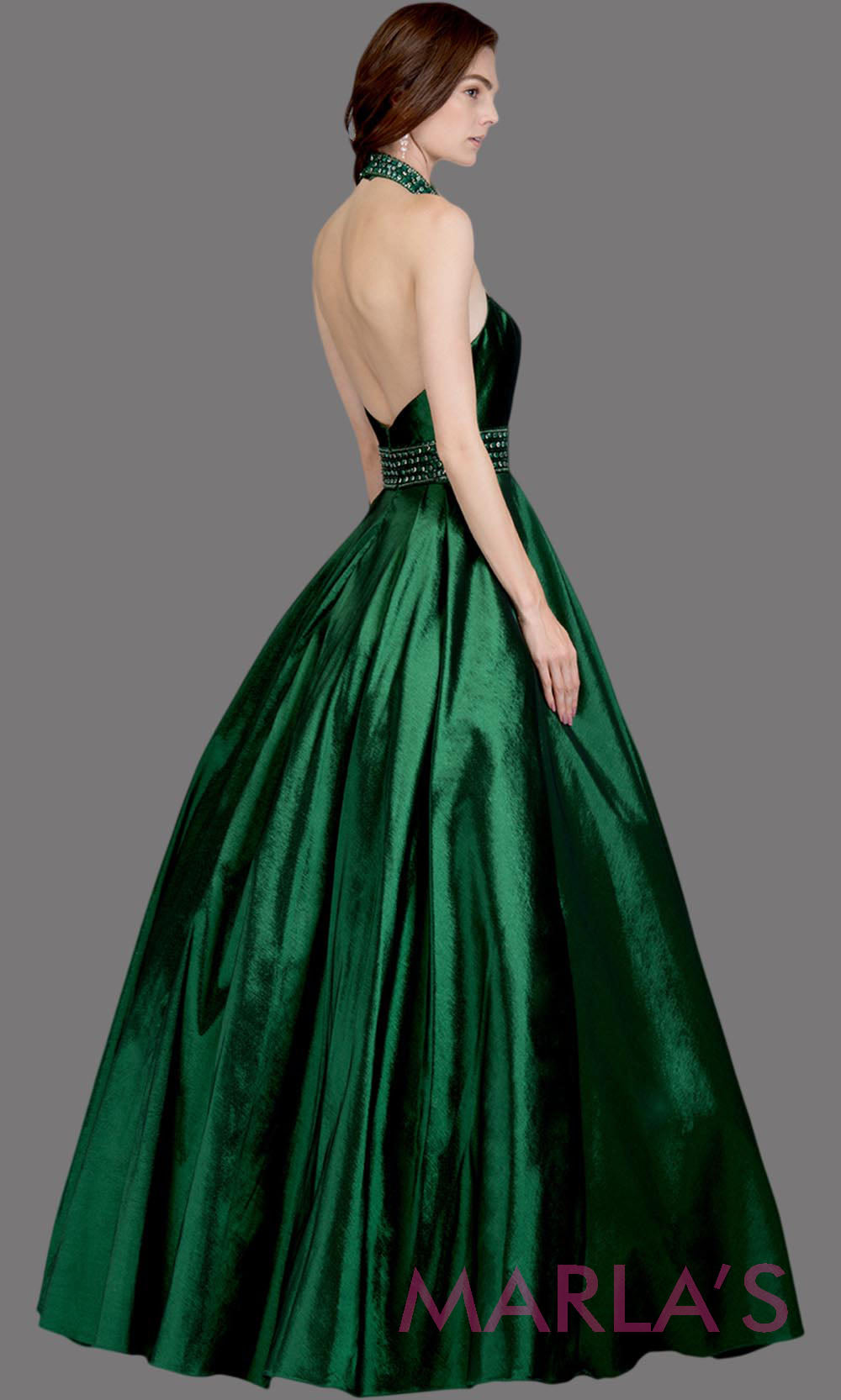 Back of Long emerald green high neck halter semi ball gown with low back. This dark green formal a line gown is perfect as a green prom dress, wedding reception or engagement dress, indowestern formal party gown, wedding guest dress. Plus Sizes avail