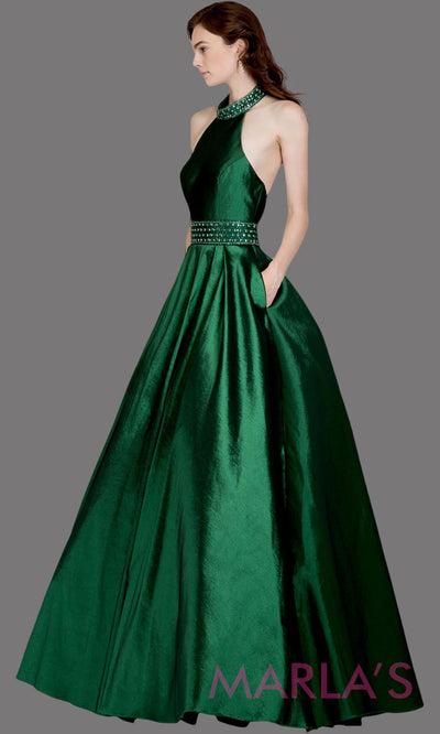 Long emerald green high neck halter semi ball gown with low back. This dark green formal a line gown is perfect as a green prom dress, wedding reception or engagement dress, indowestern formal party gown, wedding guest dress. Plus Sizes avail