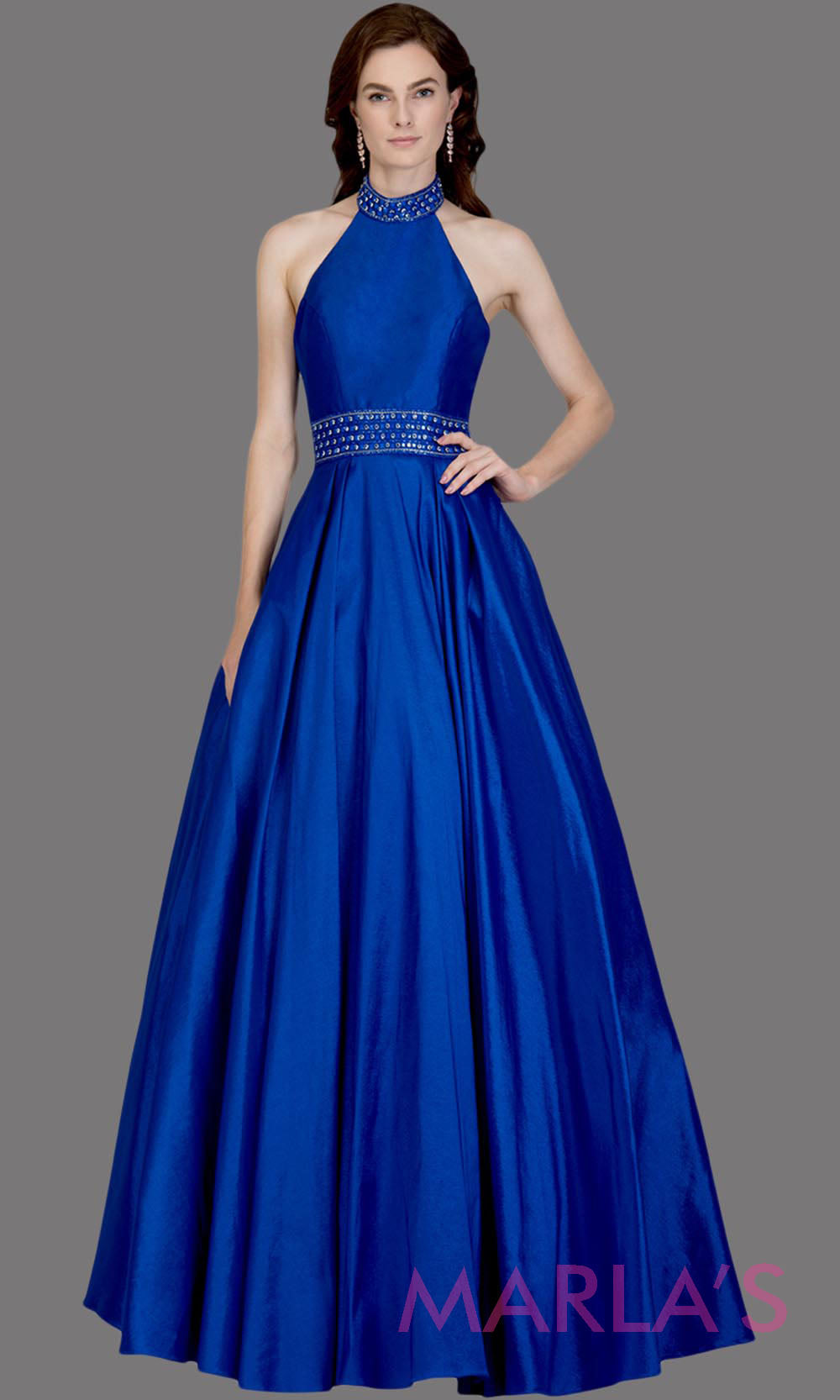 Long royal blue high neck halter semi ball gown with low back. This blue formal a line gown is perfect as a blue prom dress, wedding reception or engagement dress, indowestern formal party gown, wedding guest dress. Plus Sizes avail