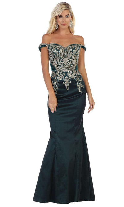 May Queen - MQ1609 Off Shoulder Trumpet Gown In Black and Green