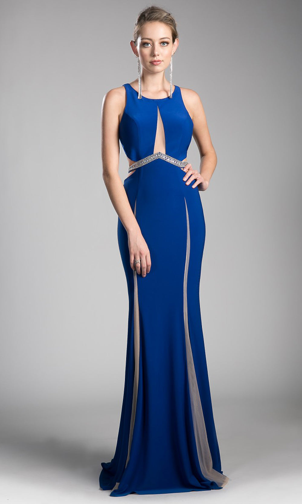 Cinderella Divine - 62806 Beaded Belt Sheath Dress In Blue