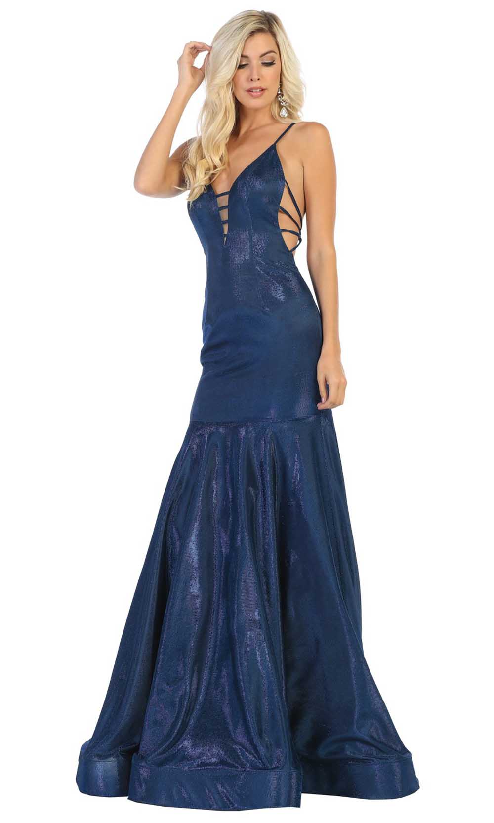 May Queen - RQ7739 Metallic V Neck Trumpet Gown In Blue